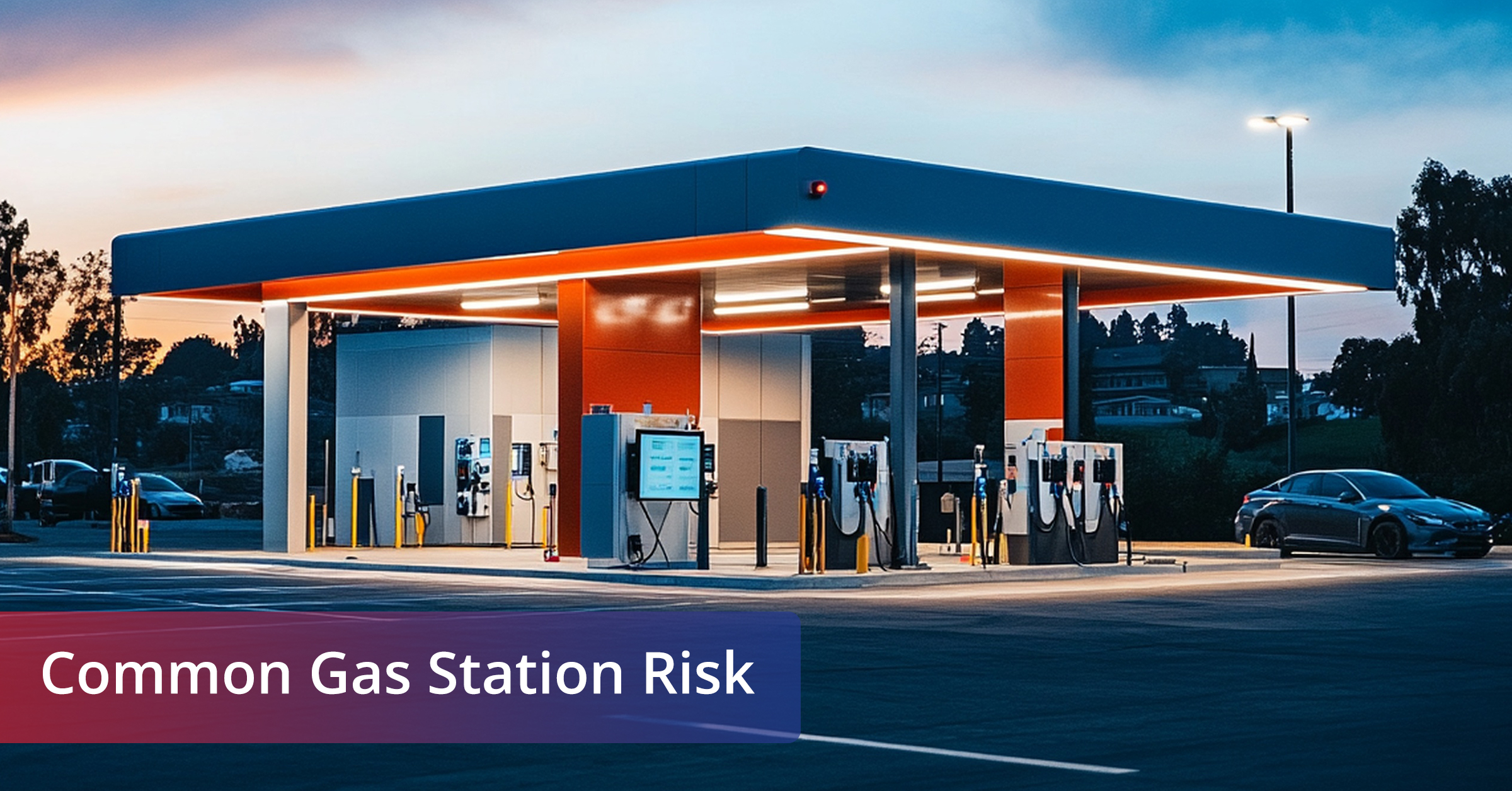 A gas station with a blue and red canopy, several fuel pumps, a car, and the text 'Common Gas Station Risk' on the right.